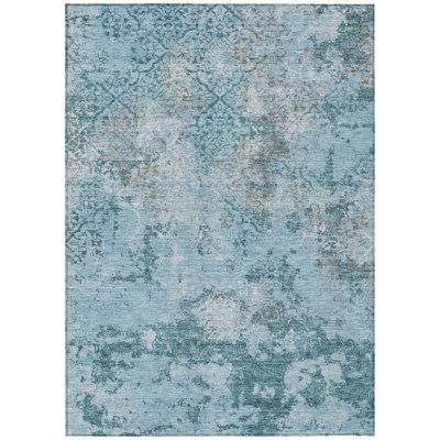 3' X 5' Teal Blue Aqua And Gray Floral Washable Indoor Outdoor Area Rug