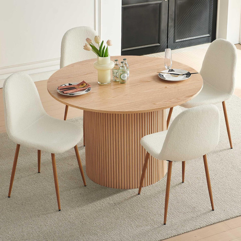 Dining Table Set for 4, Mid Century Modern 47 Inch Wooden Round Dining Table Set, Space Saving (Table + 4 White Chairs), Oak
