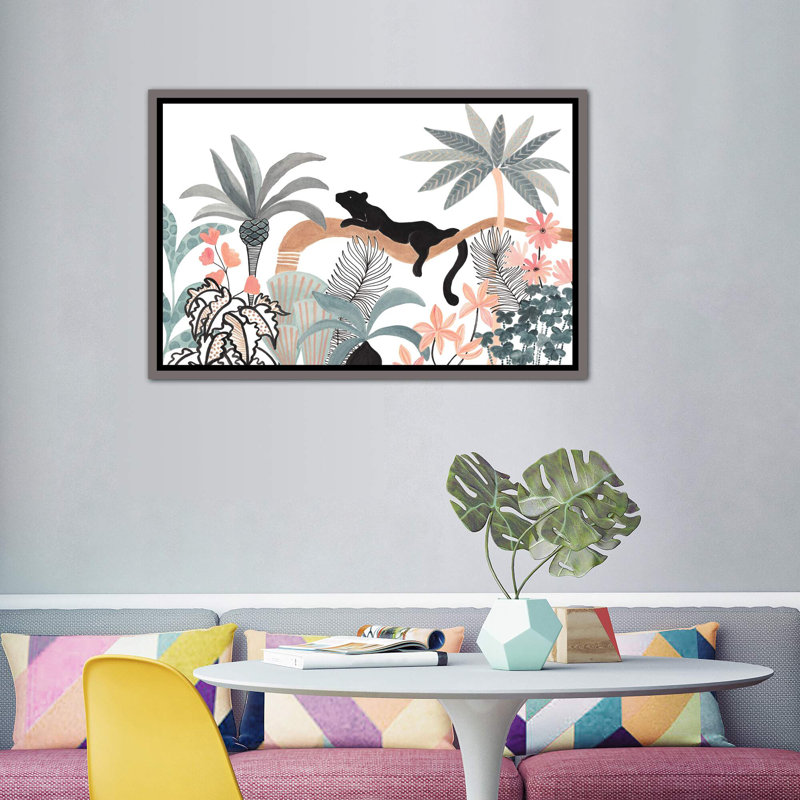 Jaguar dans la jungle, H 40 po x l 60 po x 1,5 po, Toile encadrée de bois rustique foncé