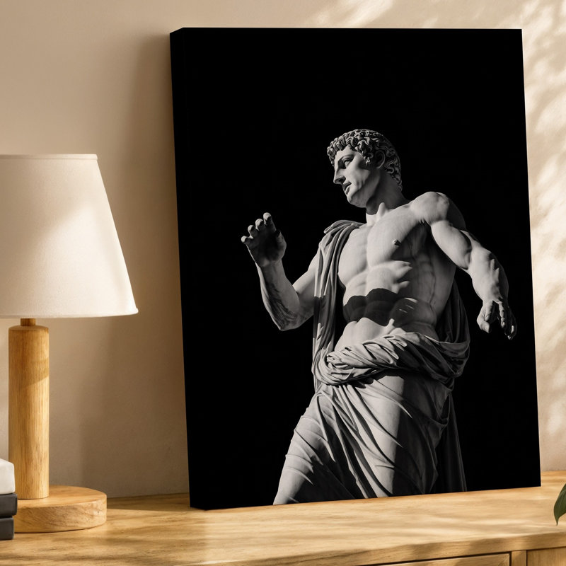 Toile, image dramatique en noir et blanc d'une statue murale romaine classique représentant une figure dans une pose dynamique à mi-chemin créant une toile