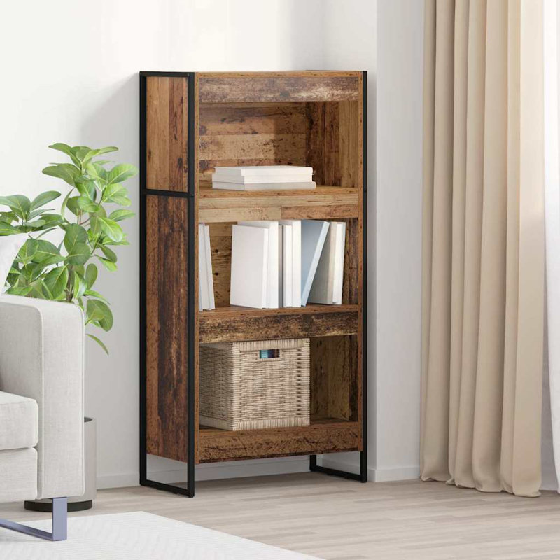 Steel Book Cabinet Bookcase, Old Wood, (3 Shelves) 121cm. H x 60cm. W x 30cm. D