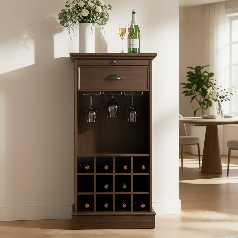 Deliyah 21.97"W x 42"H Freestanding Narrow Bar Cabinet, Liquor Storage with Wine & Glass Rack for Small Spaces, Espresso