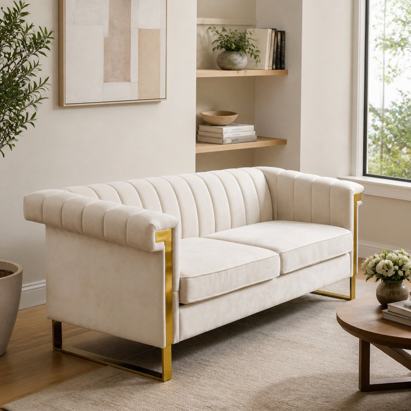 Canapé en velours avec coussins amovibles et structure en métal, Velours blanc crème