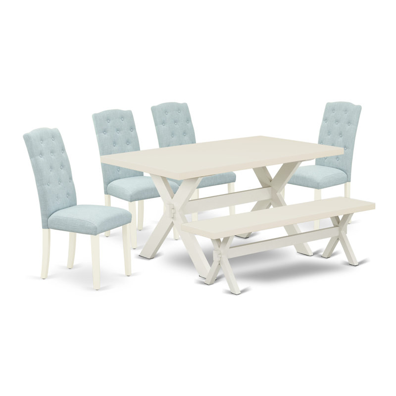 L'ensemble de salle à manger 6 pièces contient une table de salle à manger rectangulaire avec des pieds en X et 4 chaises Parson en lin bleu bébé avec un banc, lin blanc