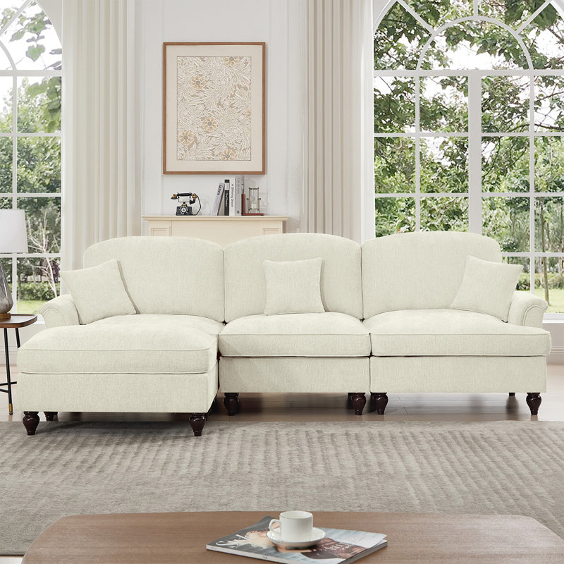 Modern 3 Seater Modular L Shaped Sectional Couch With Removable Ruffles Pleats Skirts Comfy Chenille 3-Seat Sofa With Movable Ottoman