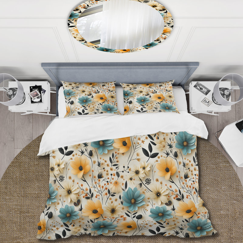 Ensemble de housse de couette à motif floral rétro bleu et beige, Housse de couette pour grand lit et 2 taies décor