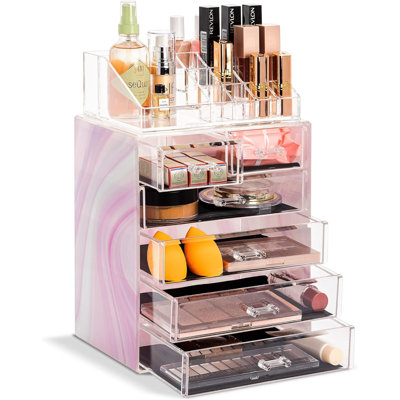 Organisateur de maquillage transparent - Maquillage et rangement pour bijoux, étui et présentoir - Conception spacieuse - Idéal pour la commode, la salle de bain, le meuble-lavabo et le comptoir (4 grands, 2 petits tiroirs) [Imprimé Tie Dye]