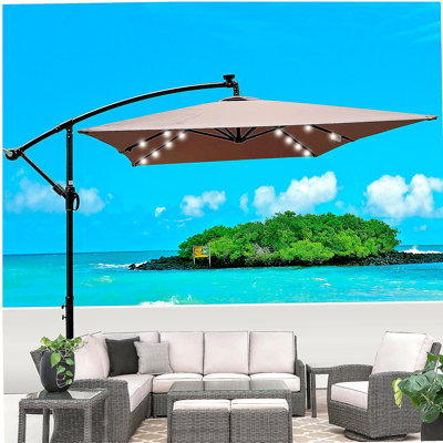 Parasol de terrasse rectangulaire à énergie solaire à DEL avec éclairage à DEL 6 lumières avec manivelle et base en croix pour terrasse de jardin Abri de piscine extérieur