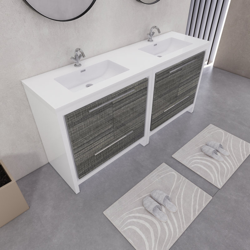 Ensemble de meuble-lavabo double 72 po Eden, Blanc lustré/ bois de frêne gris