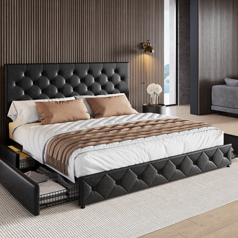 Zelna Upholstered Platform Storage Bed with 4 Drawers and Sleek Button Tufting, Black, King