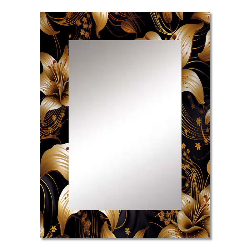 Golden Lily Flower Glam On Black II - miroir décoratif lys, miroir mural doré, impression sur métal, 32 po x 24 po