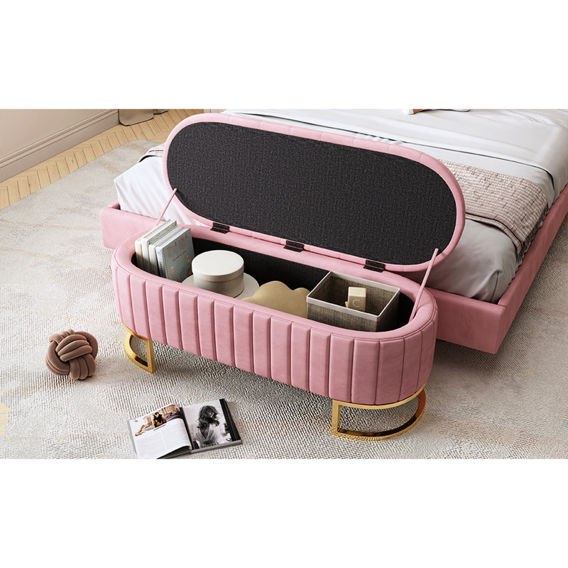 Élégant repose-pieds de rangement rembourré en velours capitonné, idéal pour la chambre à coucher et le salon, entièrement assemblé sauf les pieds
