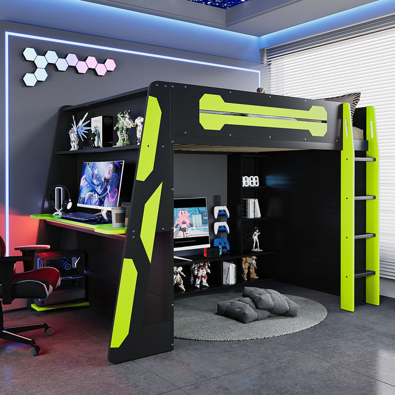 Lit mezzanine en bois avec tablettes multiples de rangement et éclairage RVB, Vert