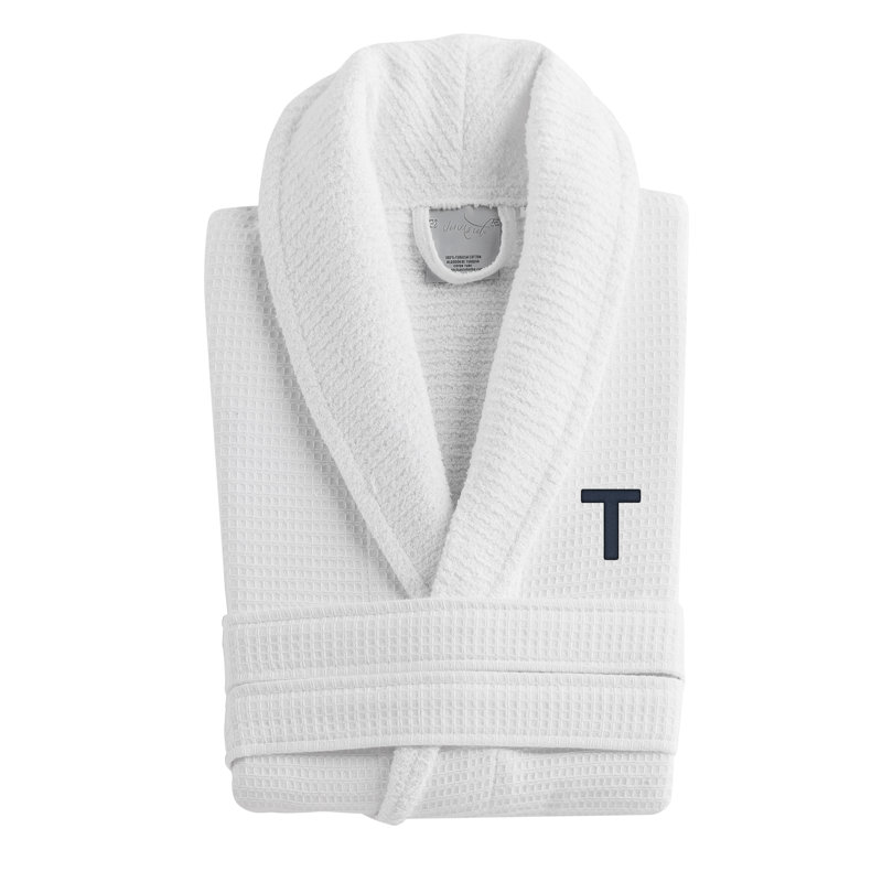 Peignoir monogrammé gaufré en coton turc, T, Blanc