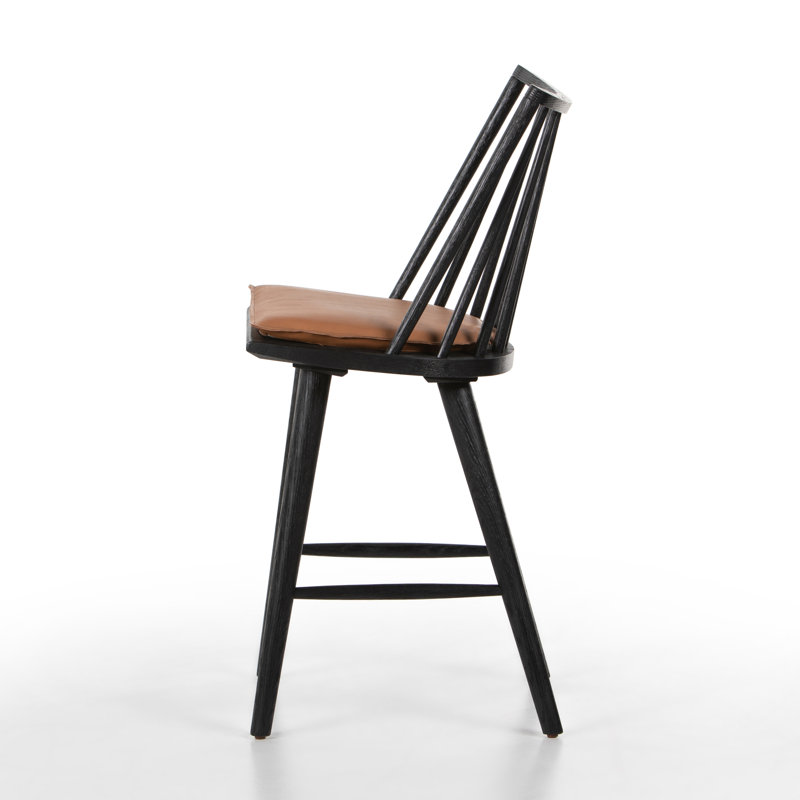 Lewis Windsor Solid Wood Stool, Bar Stool (29" Seat Height), Black Oak, Brown/Sheepskin