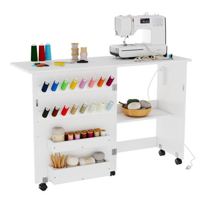 Foldable Sewing Table with Charging Station, Rolling Craft Desk with Storage Shelves, Trays & Pegboard, Space-Saving Sewing Machine Cabinet with Lockable Wheels