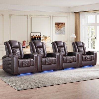 Fauteuil de cinéma maison inclinable électrique en similicuir de 34,6 po de largeur avec rangement pour accoudoirs, deux porte-gobelets, port de charge USB et éclairage ambiant