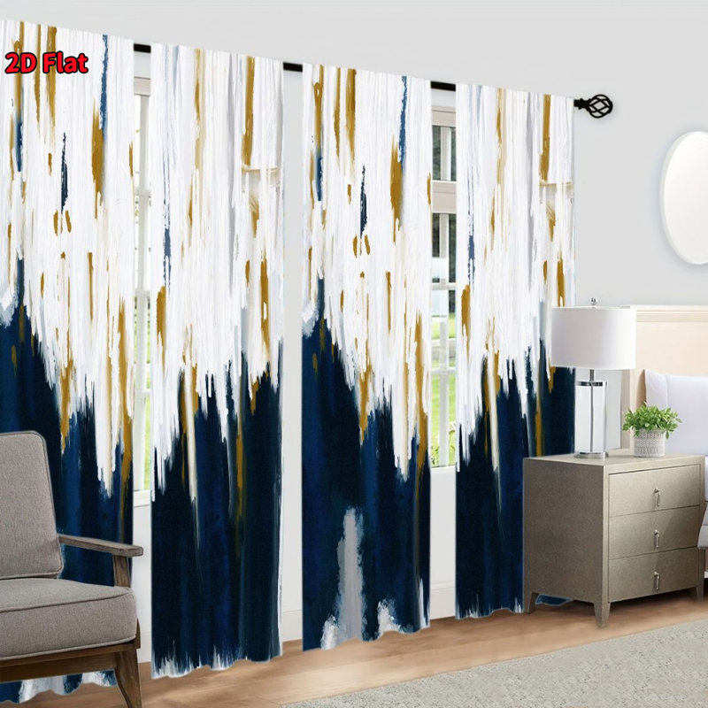 4Pcs Abstract Art Blue Gold White Brushstrokes, Soft Fabric Printed Window Drapes, Rod Pocket Curtains for Living Room, Bedroom, Dining, Modern Home Decor, Aesthetic Treatments, Privacy Panels
