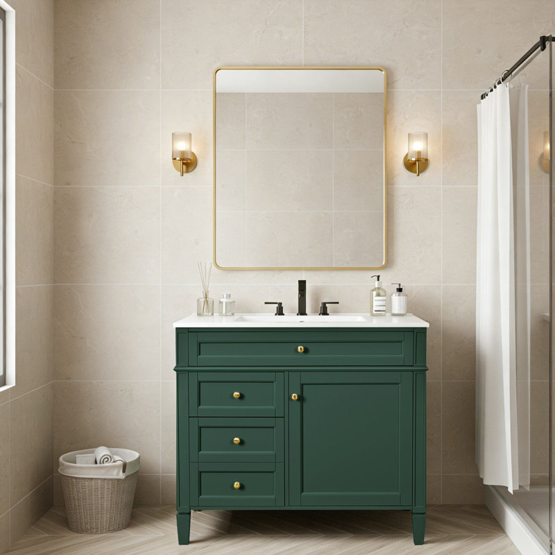 Meuble-lavabo de style moderne 36 po avec lavabo supérieur, 2 tiroirs et un tiroir basculant, Vert/doré
