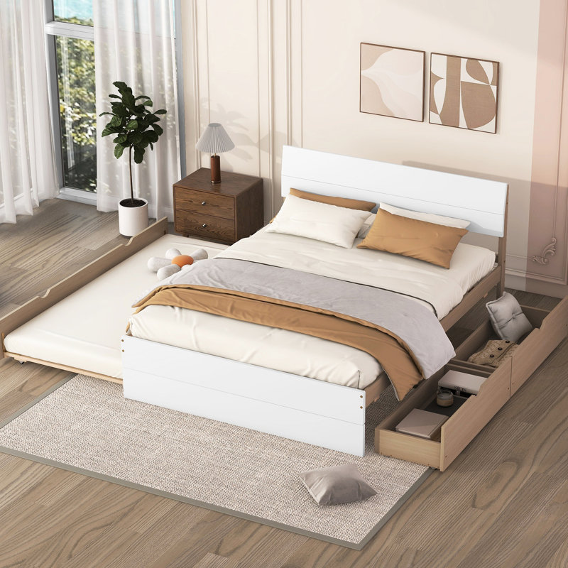 Modern Full Bed With Twin Trundle And 2 Drawers In White High Gloss. Materials. Contemporary Style. Space Solution. Simple Assembly Instructions Elegant Size Convenient Organizing Oak