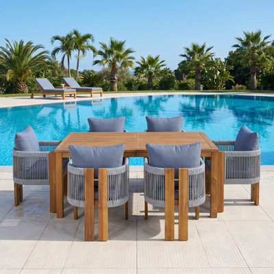 Ensemble de salle à manger d'extérieur 5 pièces pour 4 personnes - Table en bois d'acacia massif avec chaises à dossier haut tissé en corde et coussins pour le jardin, la cour ou la piscine