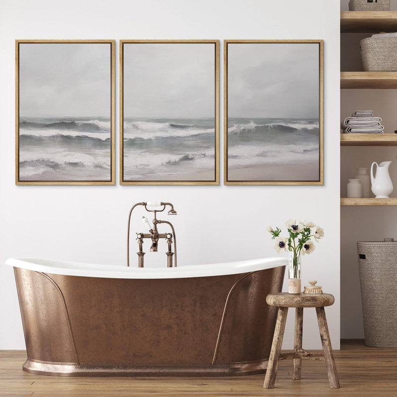 «Coastal Beach Ocean Waves Cloudy Beach Nature Fine Landscape Rustic Country / Farmhouse on Canvas», reproduction de 3 pièces