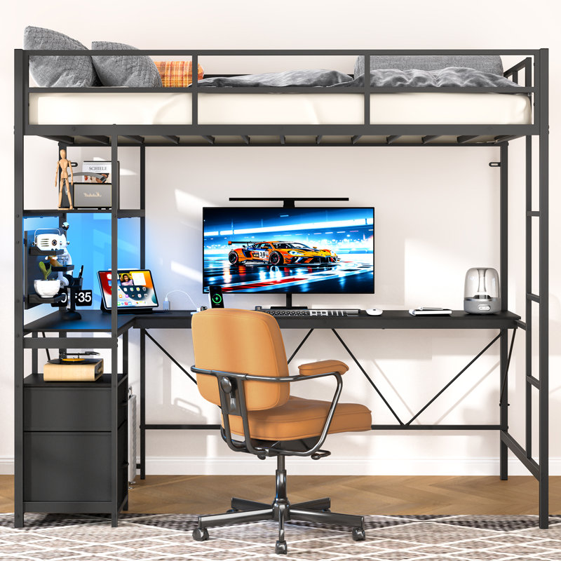 Loft Bed with Desk, Metal Twin Loft Bed Frame with Charging Station / LED/ Drawers, Black