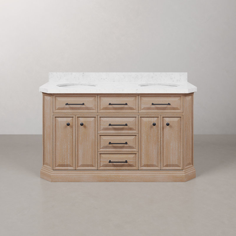 Palace 60 po Meuble-lavabo double en marbre d'ingénierie blanc Carrara, Latté caramel, Noir mat