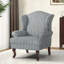 Fauteuil d'appoint à oreilles rembourré en lin gris avec accoudoirs roulés et pieds en bois massif Duward-1464895304