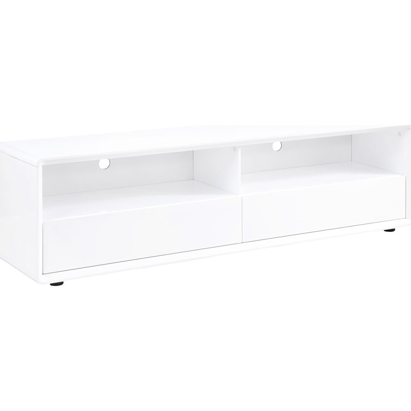 Meuble télé blanc ultrabrillant à 2 tiroirs, rangement dissimulé, convient aux téléviseurs de 75 po, cadre à profil bas, design épuré, brillant, rangement des tiroirs, espaces de vie primaires idéaux, bois d'ingénierie