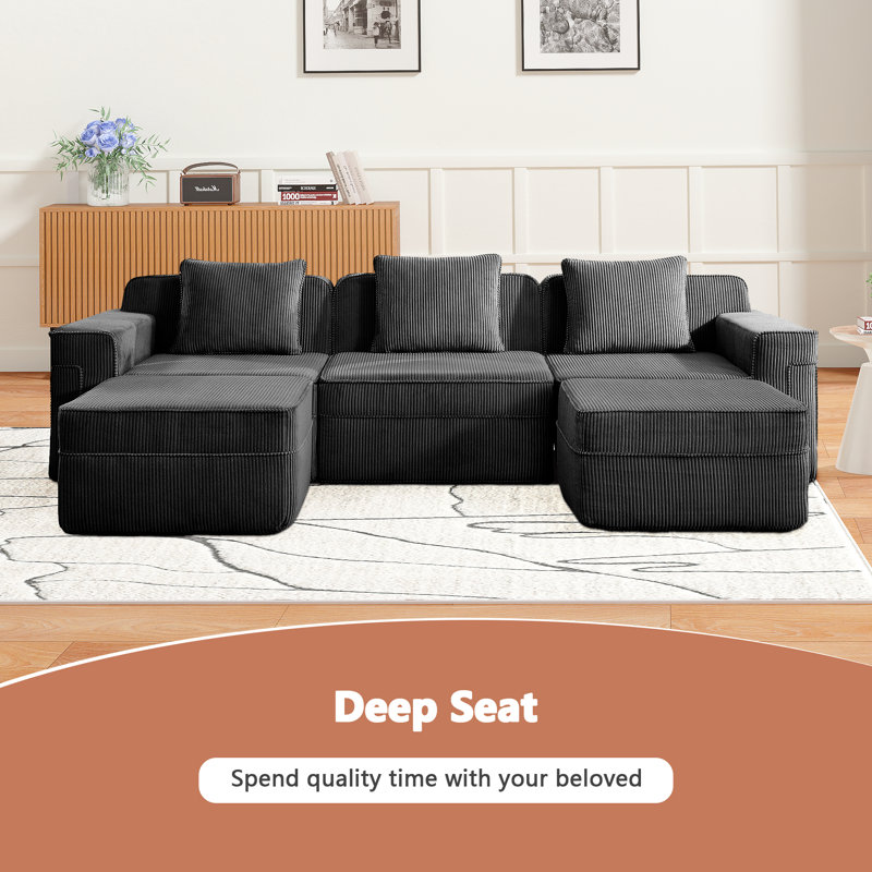 Canapé modulaire en forme de U sans siège à 3 places, canapé modulaire Cloud avec assise profonde et coussins décoratifs Tissu de velours côtelé