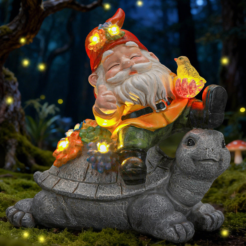 Statue de jardin lumineuse en forme de gnome chevauchant une tortue, alimentée à l'énergie solaire