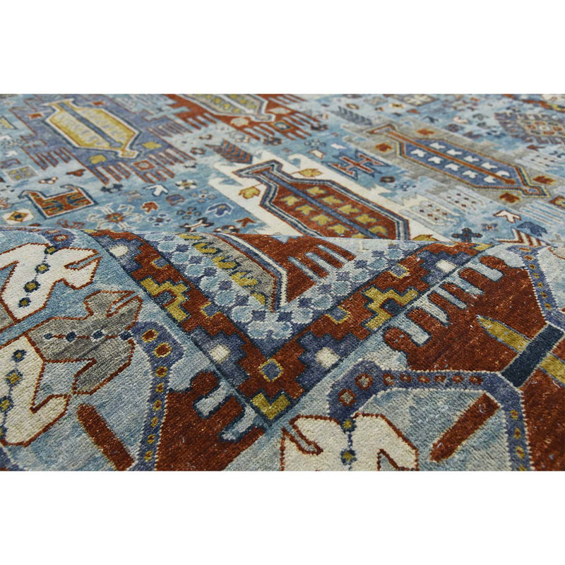 Tapis géométrique rectangulaire en laine / soie noué à la main bleu / brun / jaune, Rectangle 8 pi x 10 pi