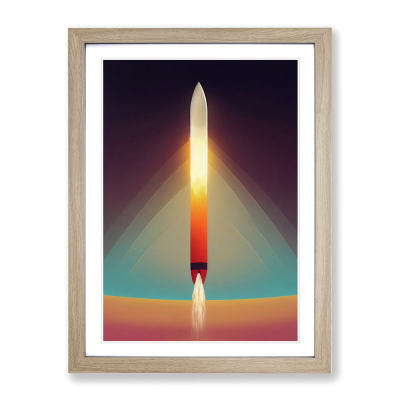 The Beaming Spaceship Rocket - Single Picture Frame Print, 64cm H x 46cm W x 2cm D, Oak Framed