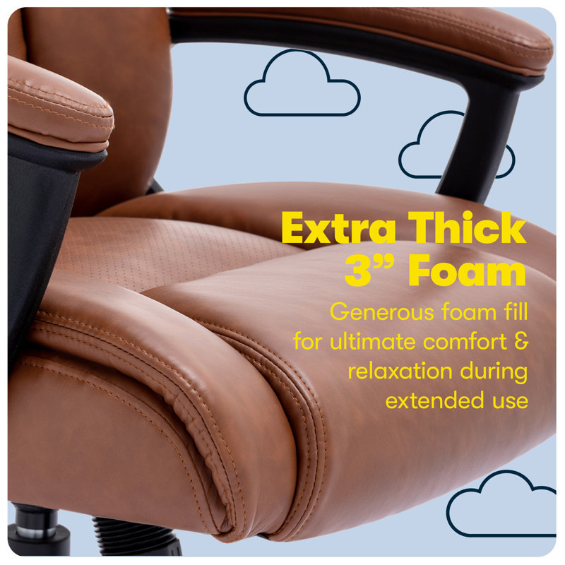 Cognac Bonded Leather Executive Swivel Chair with High Back and Fixed Arms