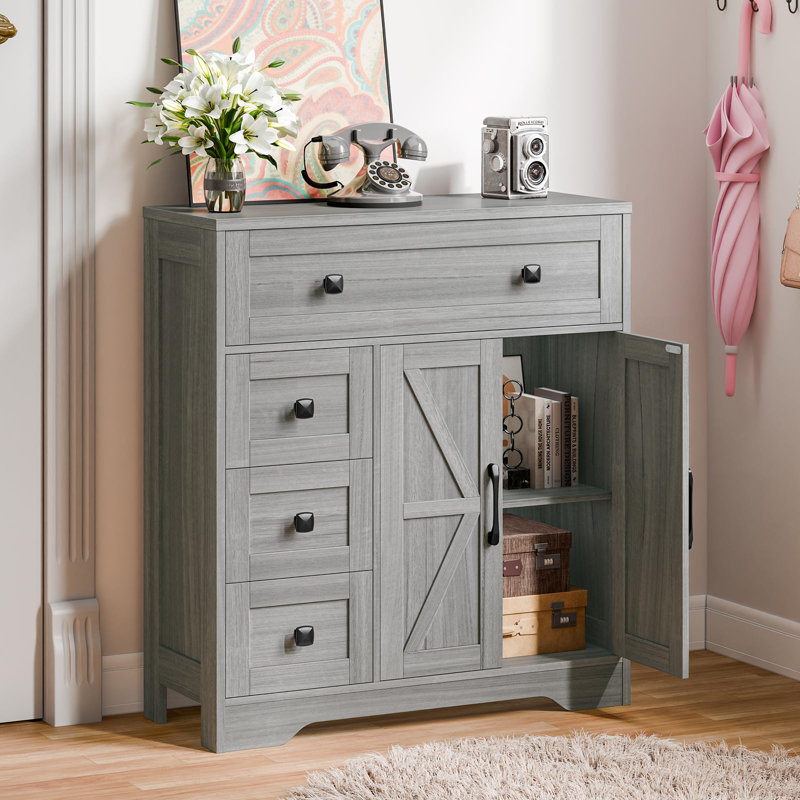 Armoire de rangement Farmhouse avec 2 portes et 4 tiroirs, Gris délavé