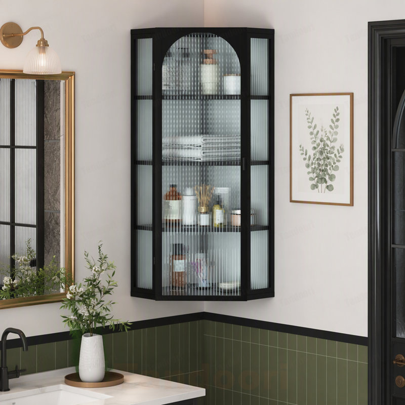Glass Door Wall Mounted Corner Cabinet with Featuring Four-tier Storage, Noir