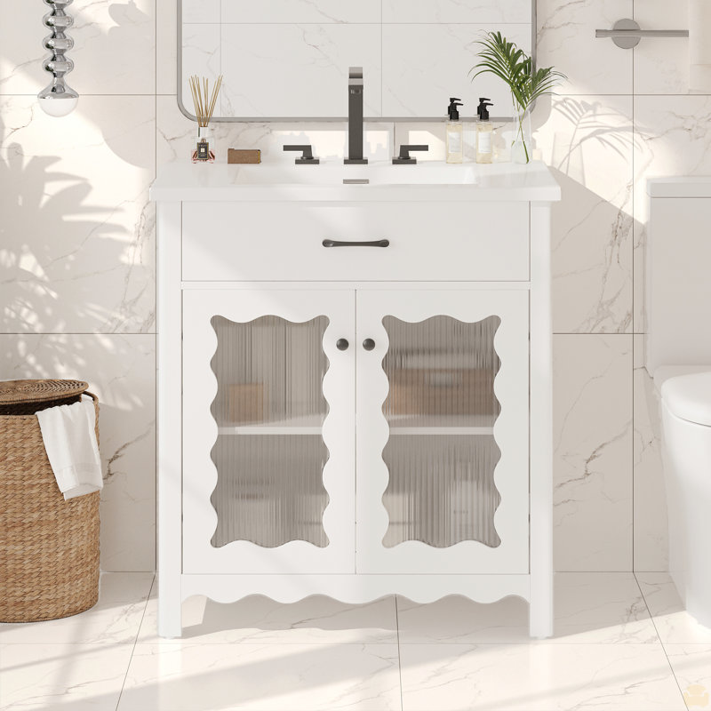 Meuble-lavabo de 30 pouces avec verre trempé, armoire de salle de bain avec pieds en bois d'hévéa et portes à fermeture en douceur