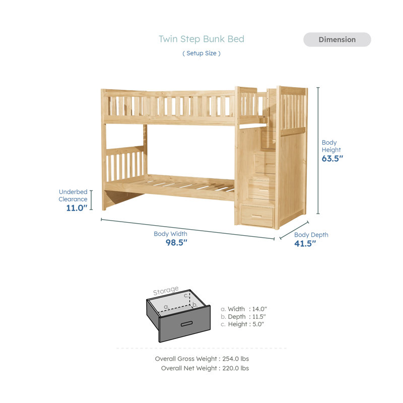 Kirthika Transitional Wood Twin over Twin Bunk Bed with Reversible Step Storage, Protective Guard Rails & Foundation-Free Design