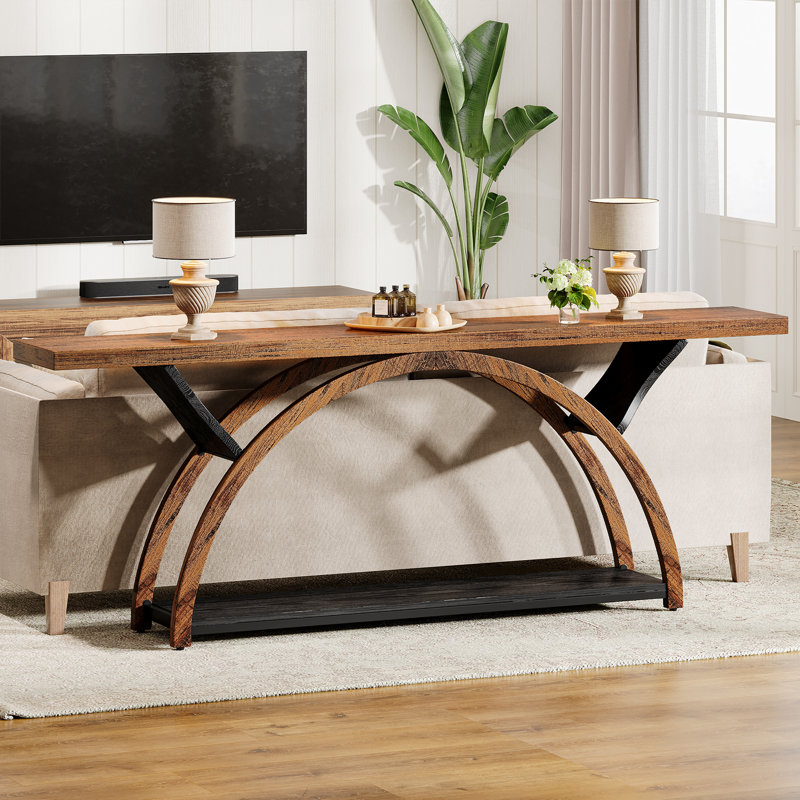 70.87'' Console Table with Storage Shelf, Rustic Industrial Sofa Table with Half-Moon Frame for Entryway or Living Room