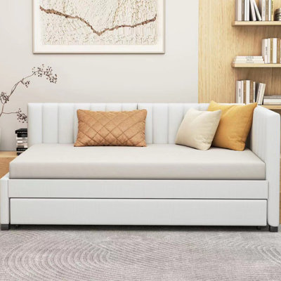 Upholstered Twin Size Daybed With Trundle, Beige Linen, No Box Spring Required Bed Needed, Linen Fabric In