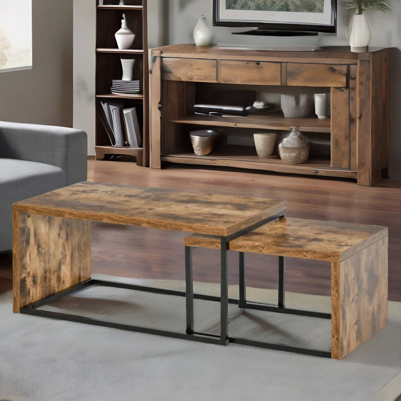 2-Piece Nest Of Coffee Tables Industrial Rustic Brown Living Room Furniture