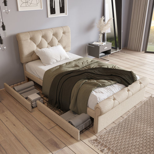 Lit simple rembourré de 90 x 200 cm, cadre de lit avec 2 tiroirs et tête réglable en hauteur, lit fonctionnel Chesterfield, bien sûr, sans matelas