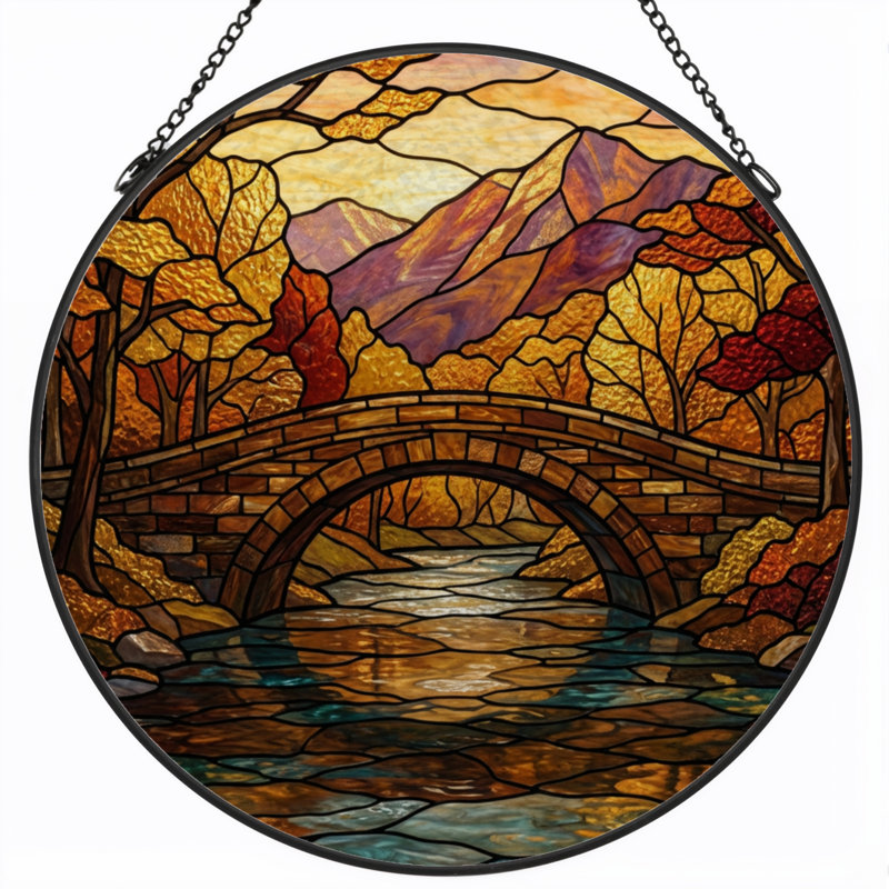 7.8"H Autumn Landscape Stained Glass Window Panel