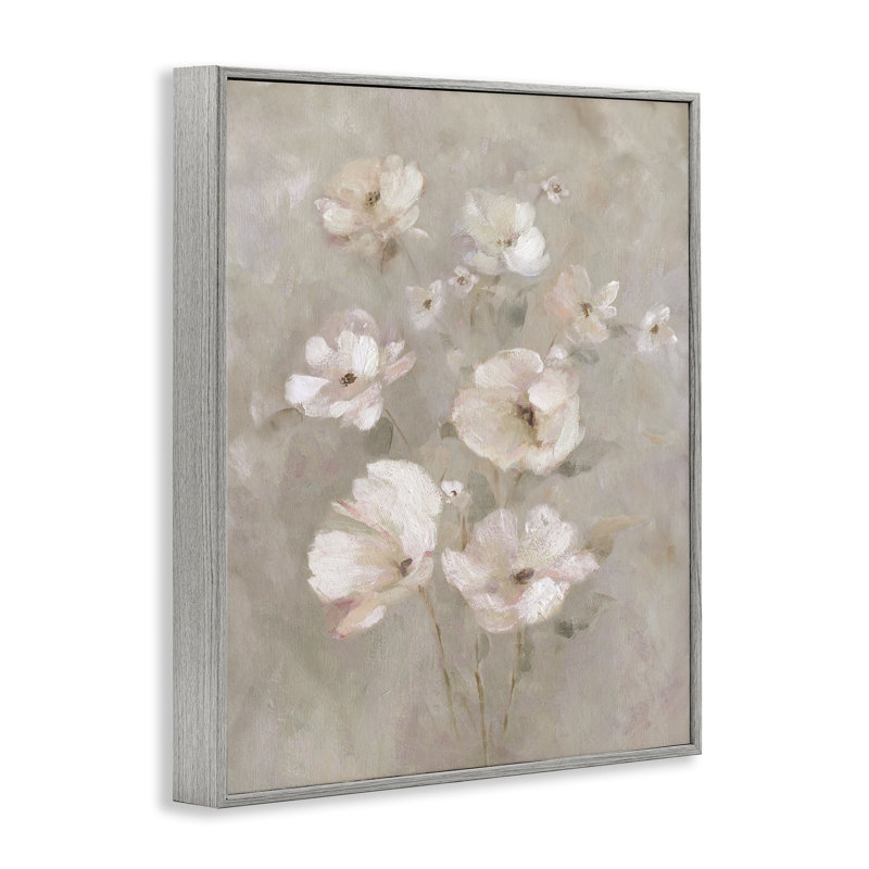 «Blush Florals over Beige», estampe numérique, design par Carol Robinson, H 20 po x l 16 po, Giclée de ferme grise encadrée