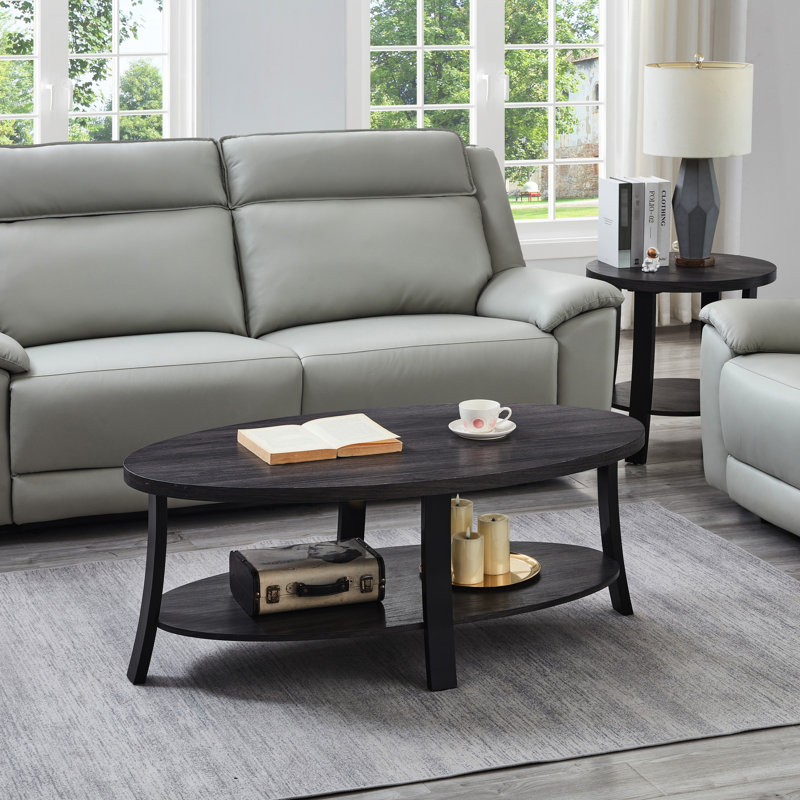 Élégante table basse ovale en bois à 3 tablettes et tables de bout jumelées, finition gris anthracite, attrayante pour un salon contemporain à deux pièces