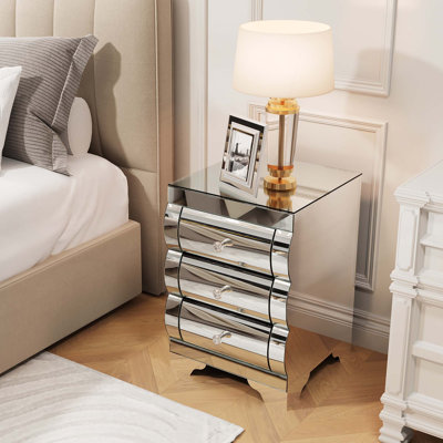 Table de chevet courbée à 3 tiroirs avec miroir - table de chevet en verre + panneau de fibres à densité moyenne, commode de rangement glamour moderne pour petits espaces de chambre à coucher / salon
