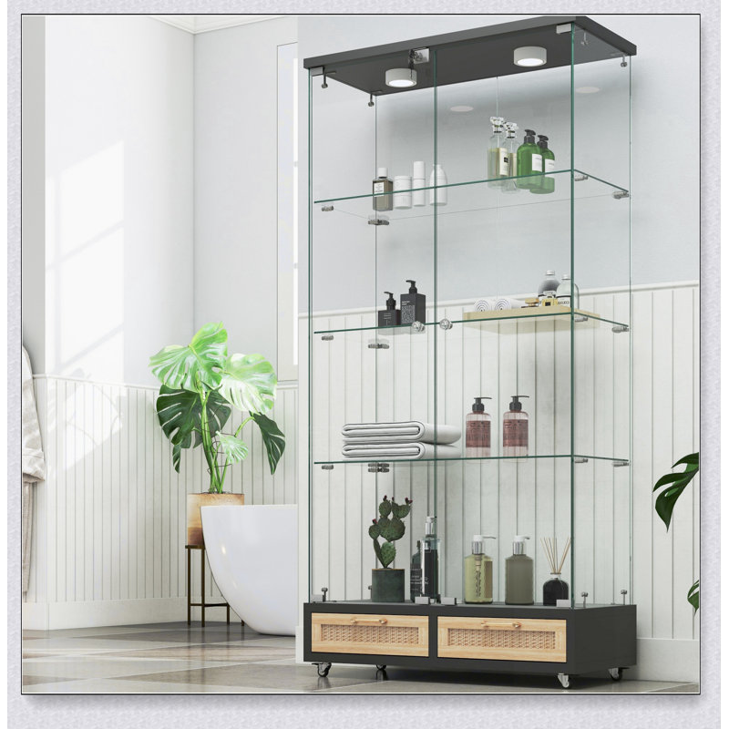 Vitrine moderne en verre avec grands tiroirs et lumières DEL, tablettes en verre trempé pour un rangement et une présentation élégants