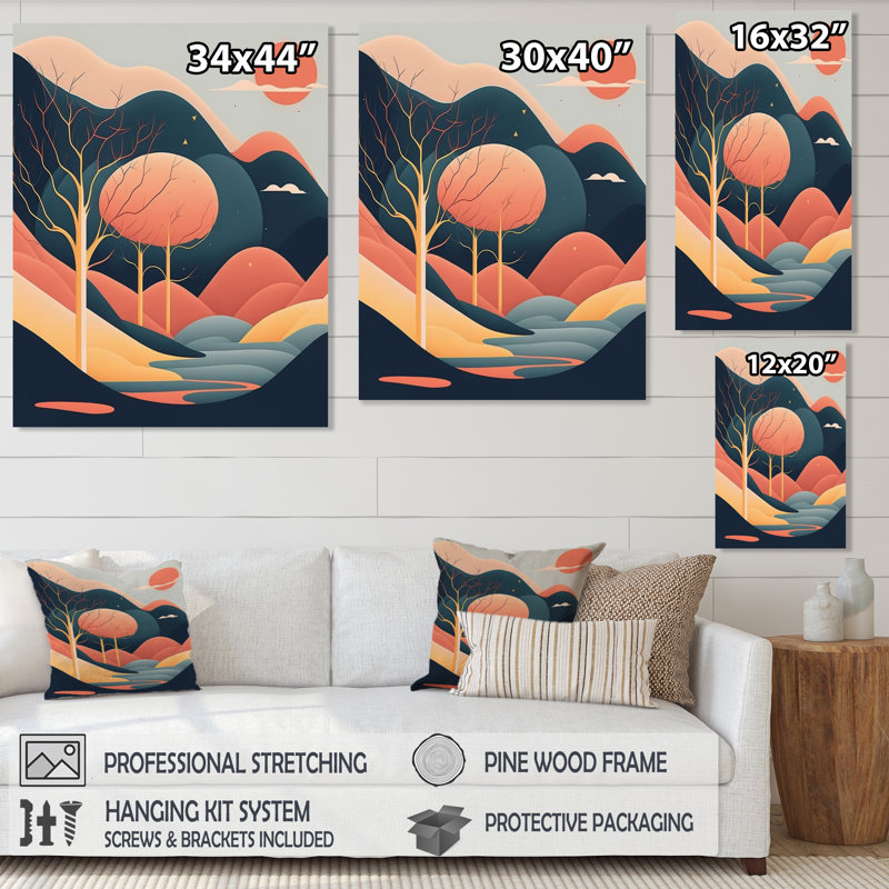 Décoration d'arbres d'automne sous la pleine lune rouge - paysage de montagnes, H 20 po x l 12 po x P 1 po, Toile tendue