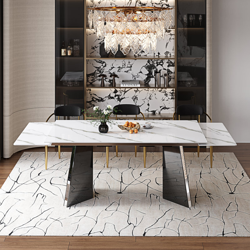 Modern Dining Table Set For 8-10 With 94.5'' Extendable Sintered Stone Dining Table And 8 Fabric Upholstered Arm Chairs